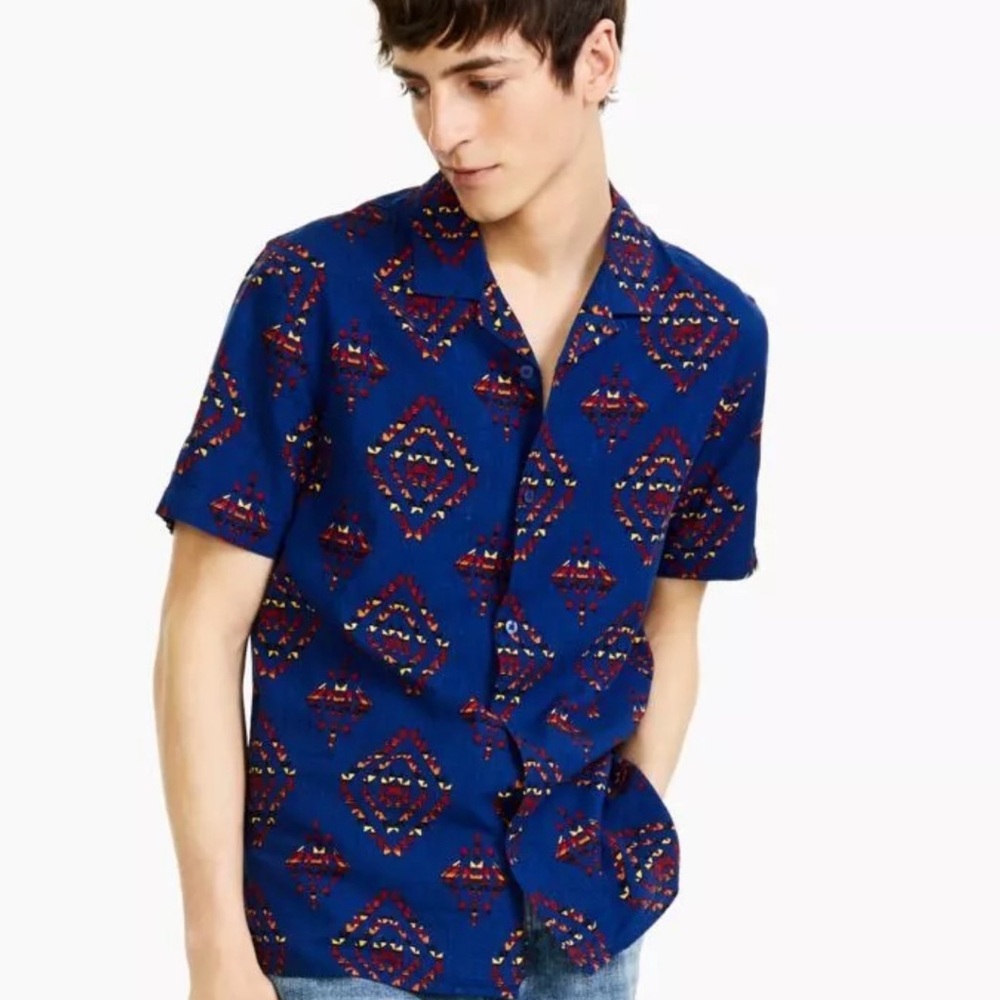 Sun + Stone Fred Regular Fit Geo Print Textured Linen button up shirt size S